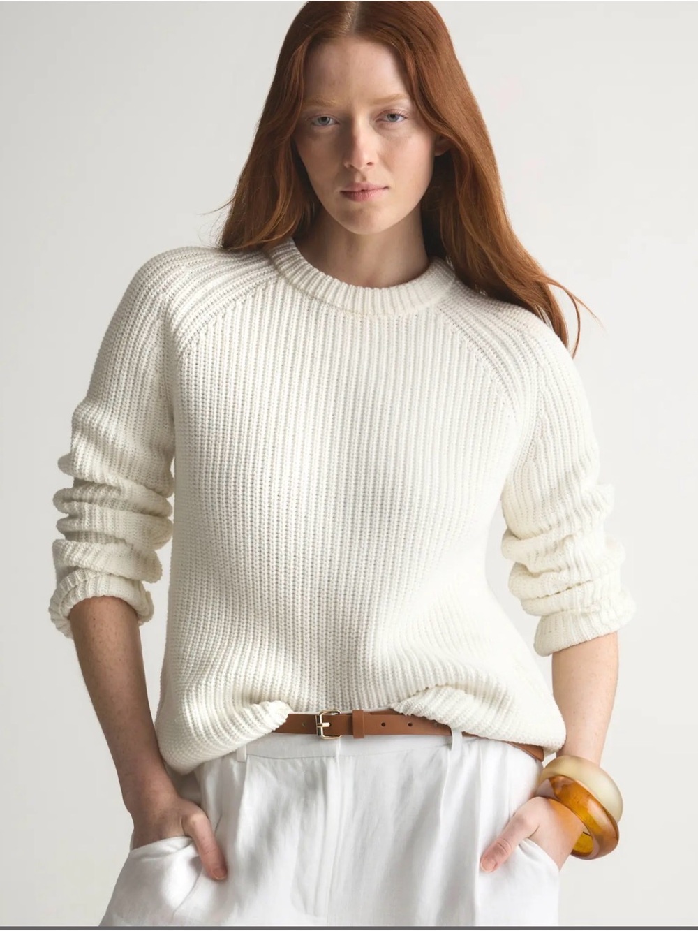 Quince Organic Cotton Fisherman Crew Sweater | Ivory | Medium
